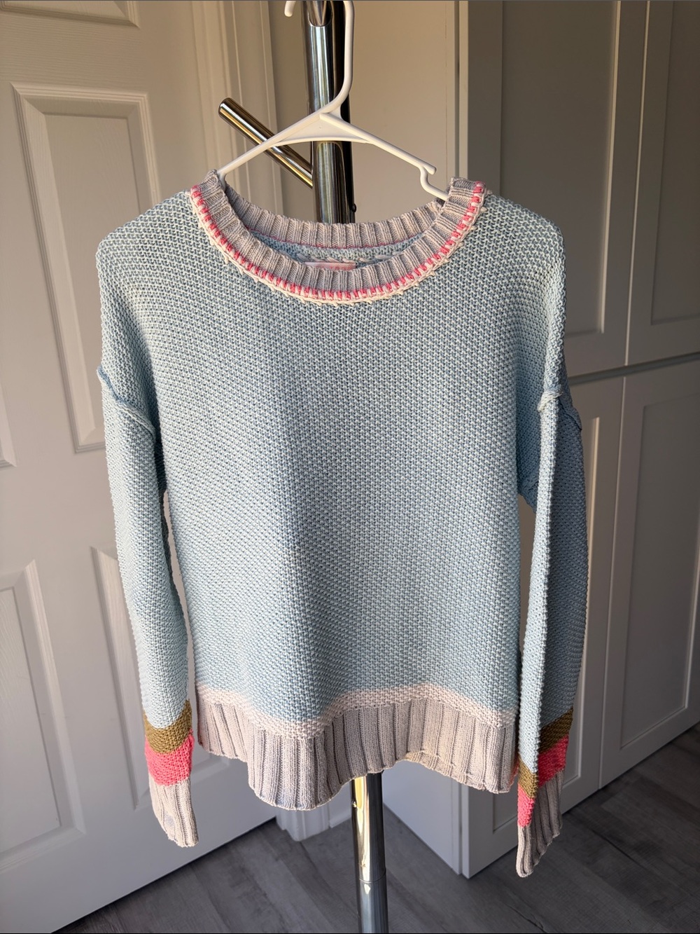 Lisa Todd Light Blue Crewneck Sweater with Pink and Olive Stripes, Size L.